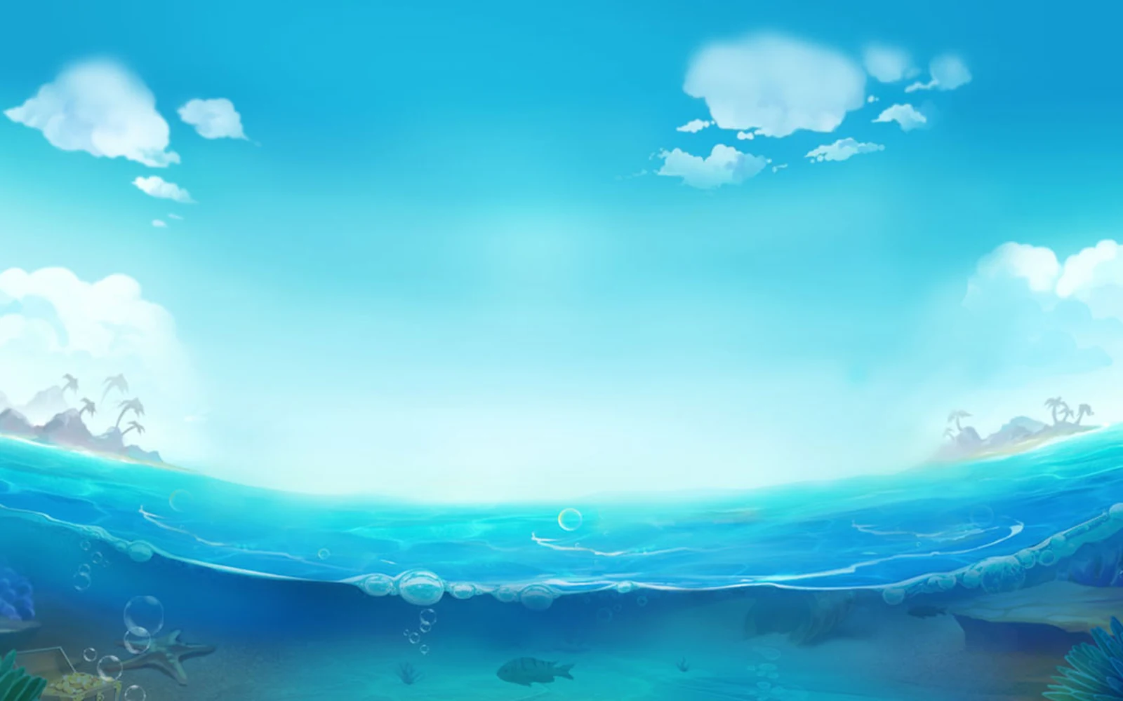 ฉากเกมยิงปลาใต้น้ำที่มีปลาและเอฟเฟกต์การยิงบนหน้าจอ